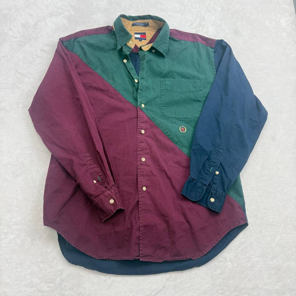 Tommy Hilfiger Men's Button-Up Shirt Multi-Color Colorblock Size M 90s Vintage